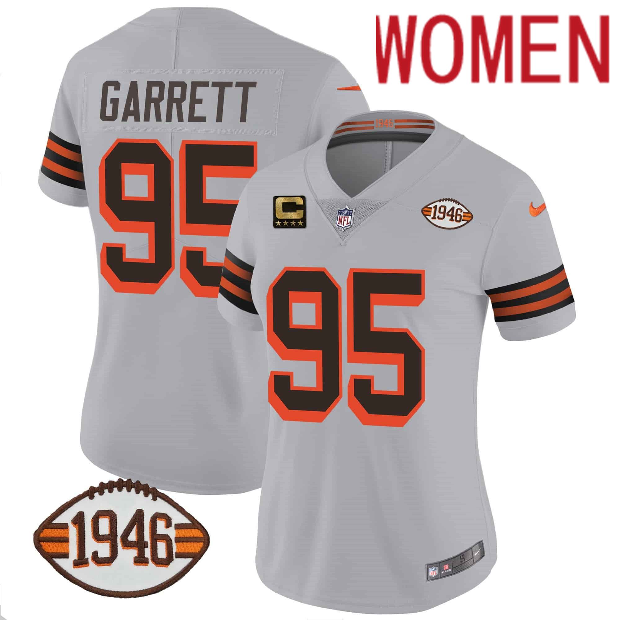 Women Cleveland Browns 95 Garrett Grey 1946 75th Anniversary Patch 2024 Nike NFL Jersey